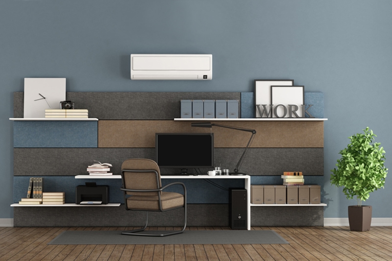 Blue and brown modern office with fabric paneling with shelves and desk - 3d rendering Note: the room does not exist in reality, Property model is not necessary.