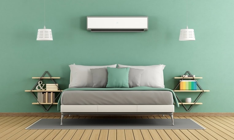 Green Bedroom Green modern master bedroom with air conditioner.